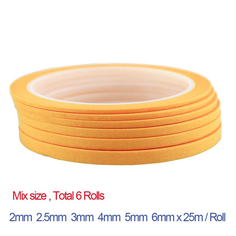 JINBING 6Rolls Washi Masking Tape for DIY Nail Arts Drawing Pattern Making 2mm 2.5mm 3mm 4mm 5mm 6mm x 25m (Yellow) - Image 2